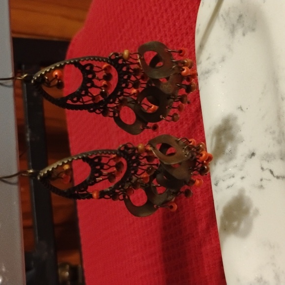 Source Unknown Jewelry - 🌿 Boho Bronze Dangle Earrings w/ Orange & Brown Beads